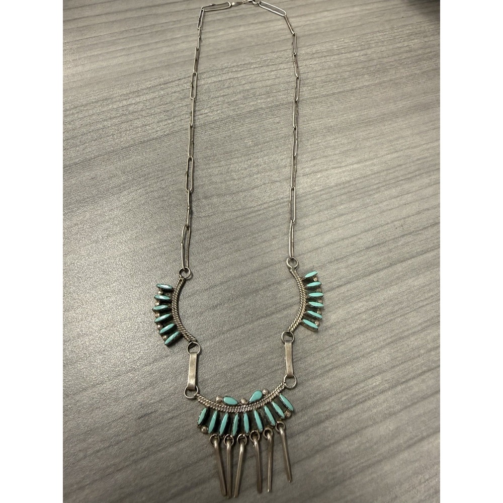 Vintage Zuni Petit Point Turquoise Sterling Silver Bib Necklace Needlepoint